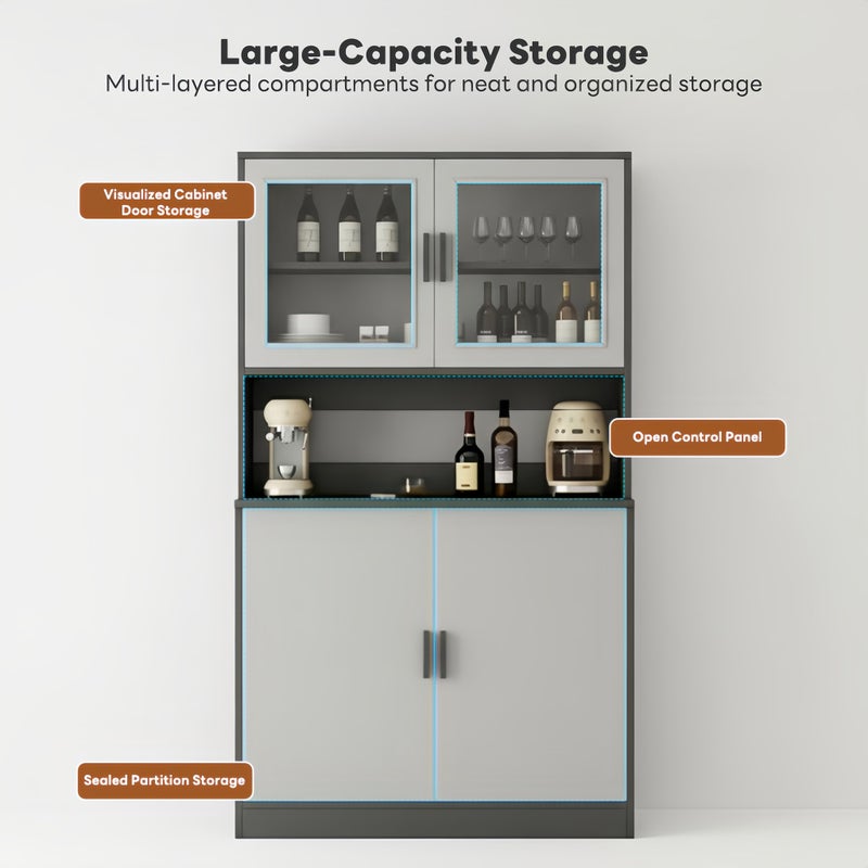 شاربدو شاربو خزانة بوفيه المطبخ الحديث الطويل مع أبواب زجاجية، لوحة جانبية 180 سم مع رفوف ميكروويف مفتوحة وتخزين مغلق، غرفة طعام حرة لغرفة المعيشة، مطبخ، 80x32x180CM - Image 3